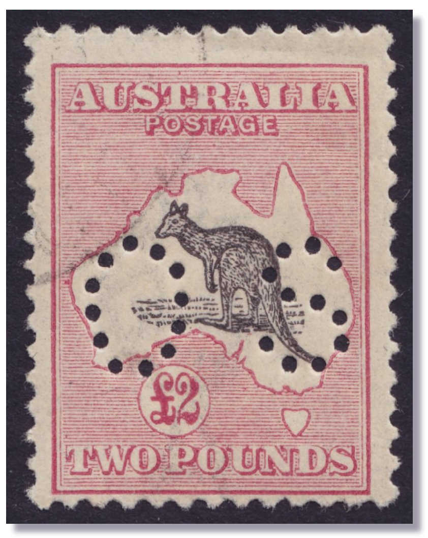 1915/28 £2 Roo Third Watermark fresh CTO with gum: Cat £2,500 for $1,825:  One of the great Rarities of the Kangaroo series. ACSC tells us only 20  copies ...